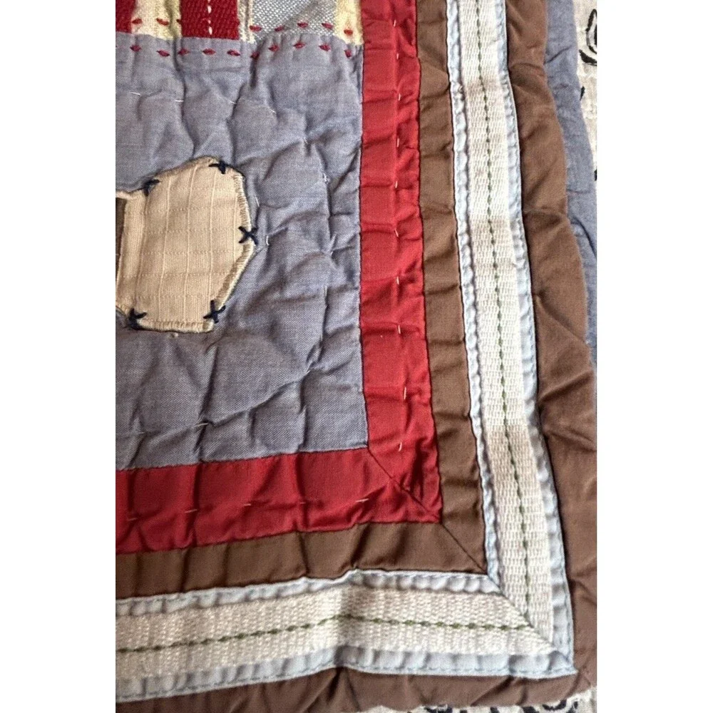 Pottery Barn Standard Pillow Sham Kids Baseball Quilted Red Blue Chambray Brown